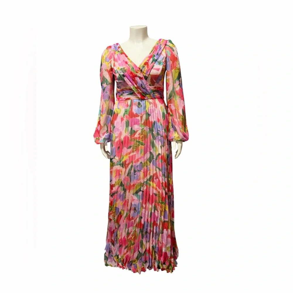 NWT Betsy & Adam Size 8 Floral Long Sleeve Cold Shoulder Pleated Gown Formal - Picture 1 of 12